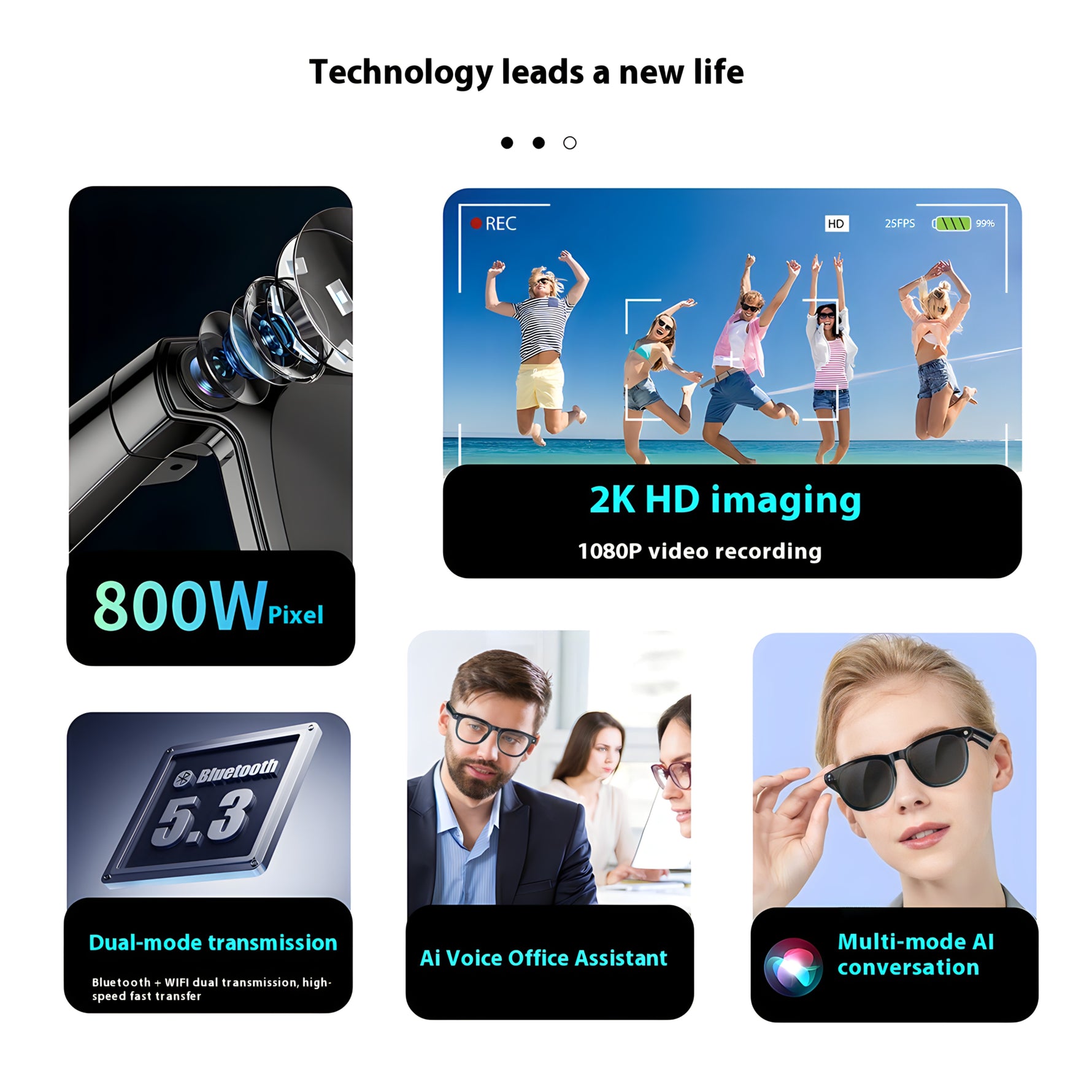 Lunettes Connectées AI 800W – Dual Lens | Waterproof | Bluetooth 5.3