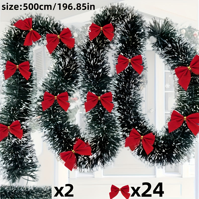 10.0 meter - 2pcs Set with Red Bow, Dark Green And White Snowflake Christmas Wreath Decoration, No, Suitable for Outdoor Or Indoor Use, High-Quality Soft Green Holiday Decoration, Suitable for Indoor/Outdoor Holiday Decoratio