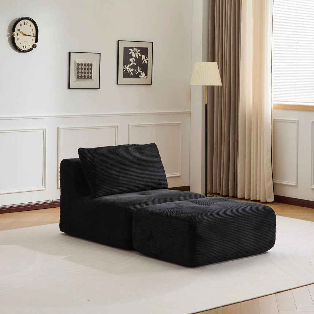 Canapé d'angle 3 places en forme de L, chaise longue en velours côtelé, aucun assemblage requis, canapé sectionnel modulaire noir avec oreillers, causeuse douce