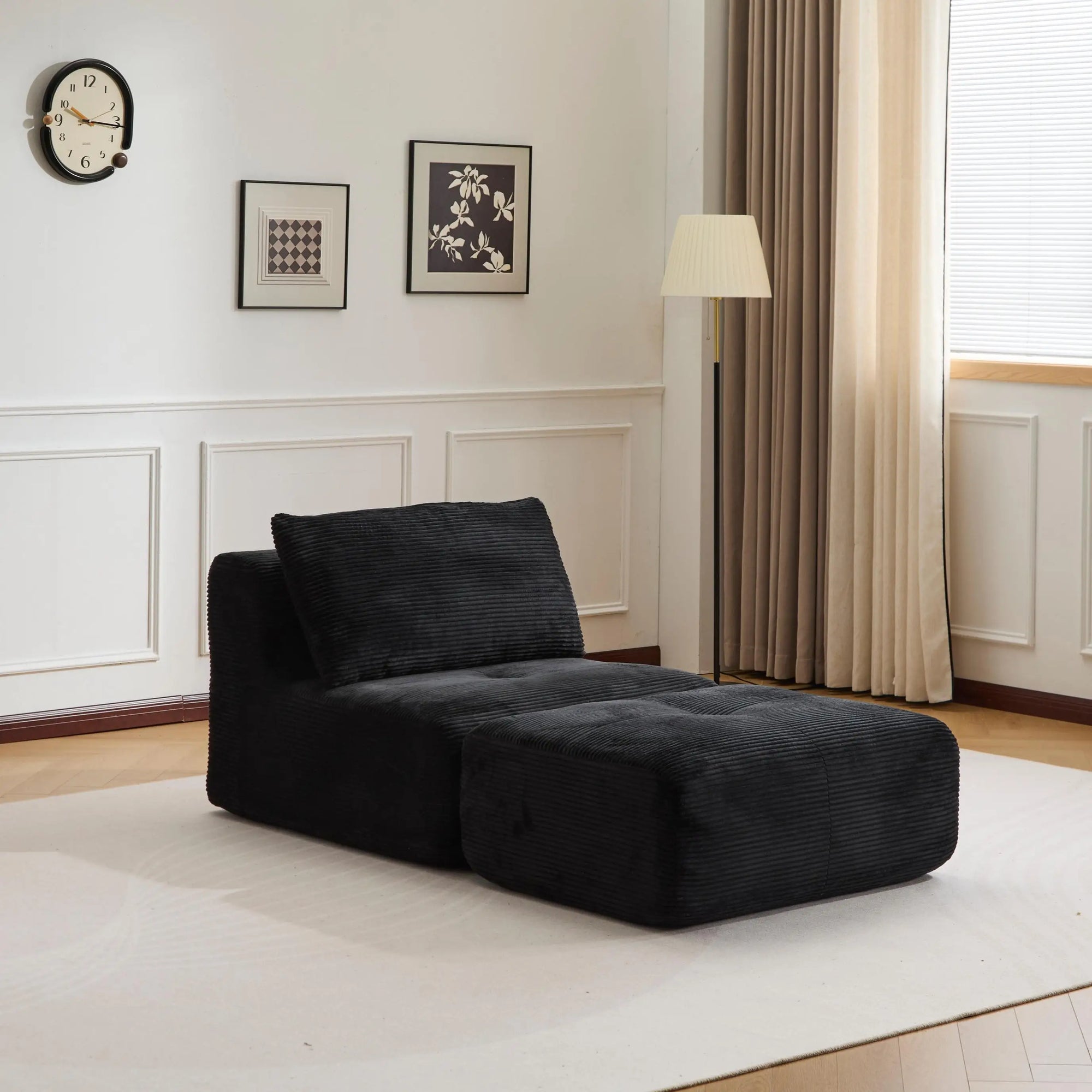 Canapé d'angle 3 places en forme de L, chaise longue en velours côtelé, aucun assemblage requis, canapé sectionnel modulaire noir avec oreillers, causeuse douce