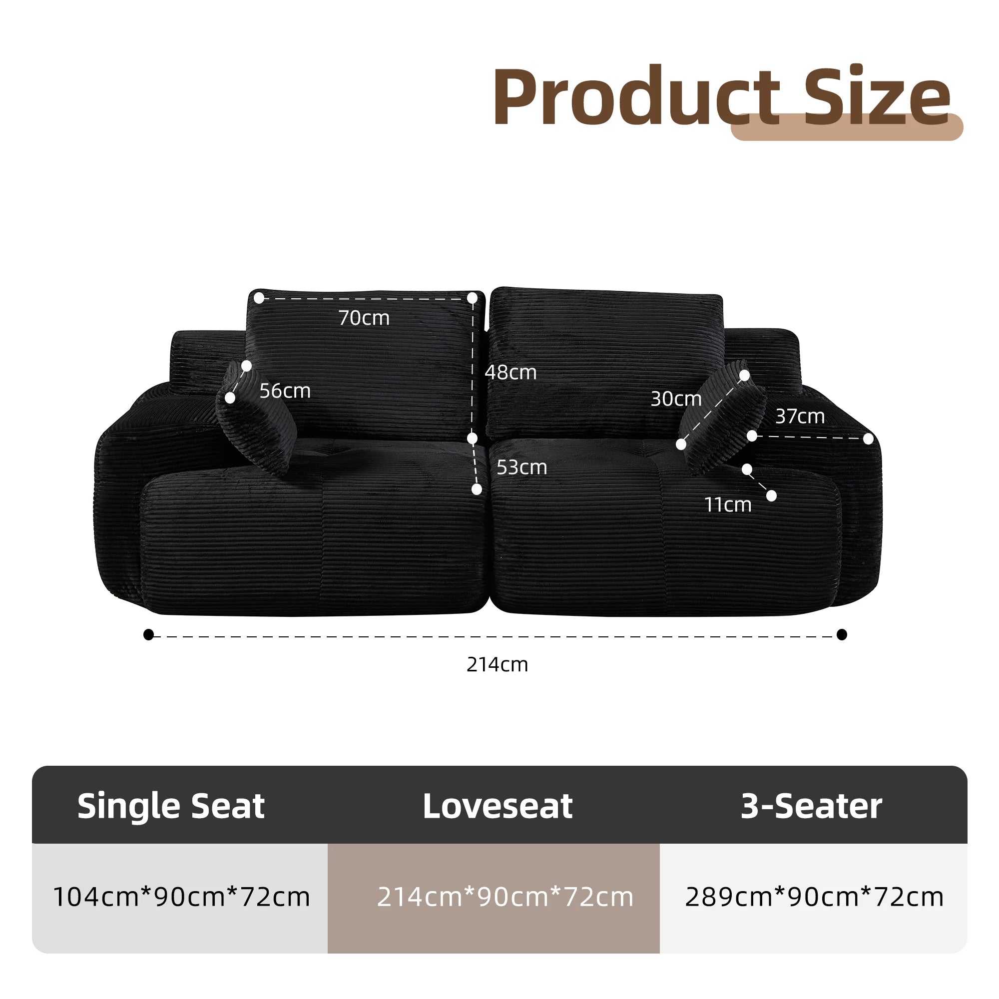 Canapé d'angle 3 places en forme de L, chaise longue en velours côtelé, aucun assemblage requis, canapé sectionnel modulaire noir avec oreillers, causeuse douce