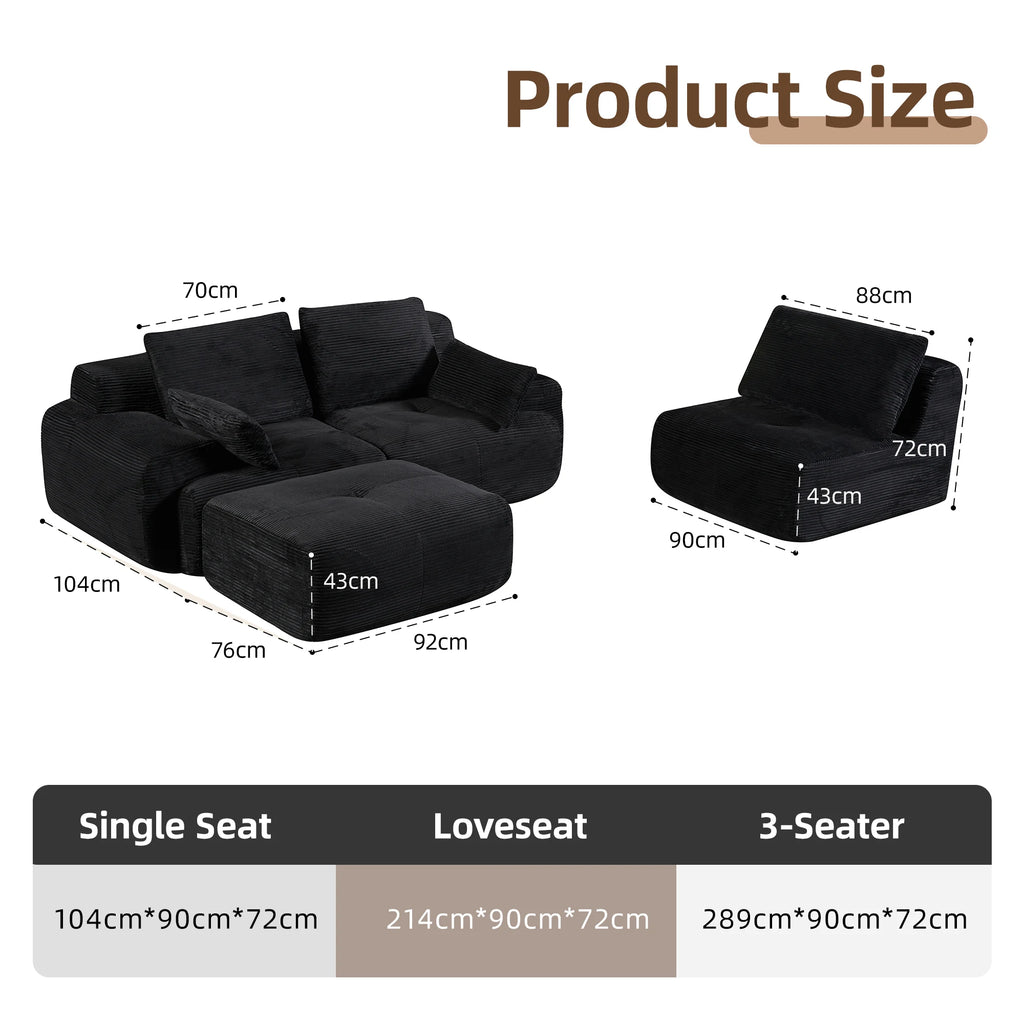 Canapé d'angle 3 places en forme de L, chaise longue en velours côtelé, aucun assemblage requis, canapé sectionnel modulaire noir avec oreillers, causeuse douce