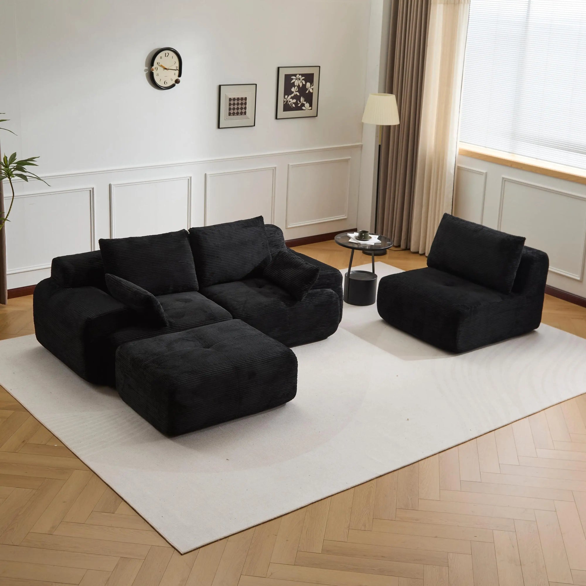 Canapé d'angle 3 places en forme de L, chaise longue en velours côtelé, aucun assemblage requis, canapé sectionnel modulaire noir avec oreillers, causeuse douce