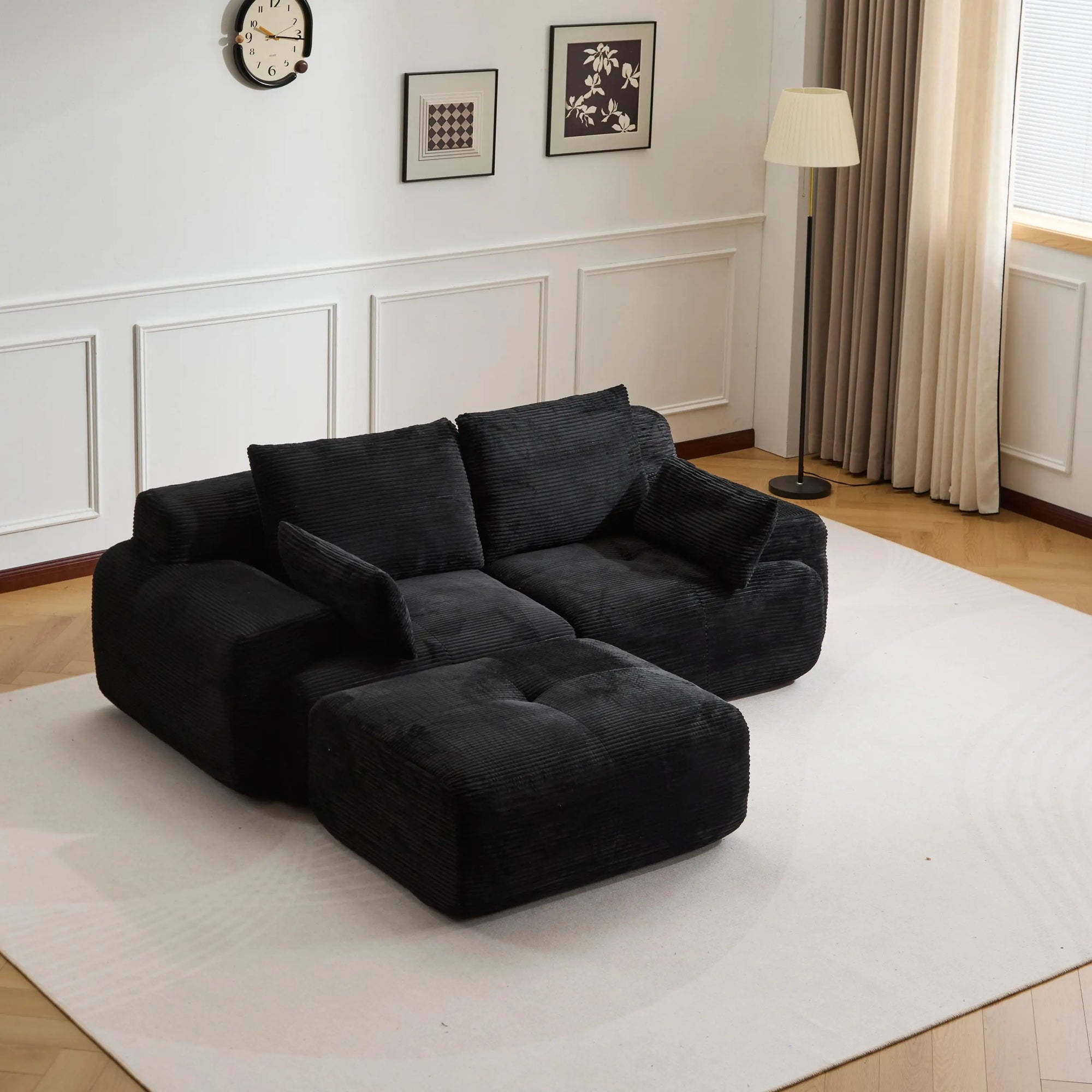 Canapé d'angle 3 places en forme de L, chaise longue en velours côtelé, aucun assemblage requis, canapé sectionnel modulaire noir avec oreillers, causeuse douce