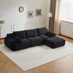 Canapé d'angle 3 places en forme de L, chaise longue en velours côtelé, aucun assemblage requis, canapé sectionnel modulaire noir avec oreillers, causeuse douce