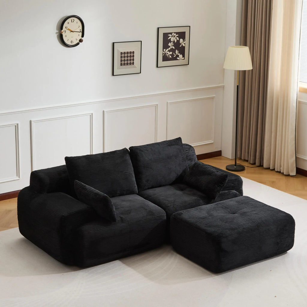 Canapé d'angle 3 places en forme de L, chaise longue en velours côtelé, aucun assemblage requis, canapé sectionnel modulaire noir avec oreillers, causeuse douce