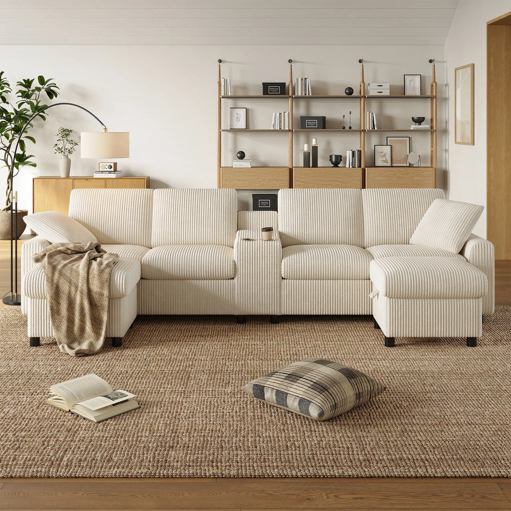 Canapé en velours côtelé, comprenant 2 repose-pieds avec rangement, table basse, 2 porte-gobelets, 1 port USB, 2 prises de courant