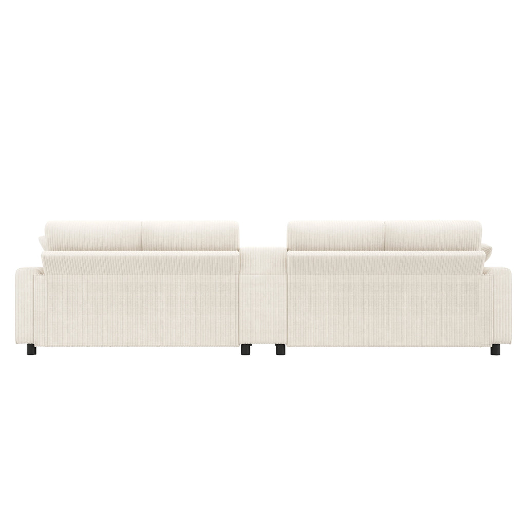 Canapé en velours côtelé, comprenant 2 repose-pieds avec rangement, table basse, 2 porte-gobelets, 1 port USB, 2 prises de courant