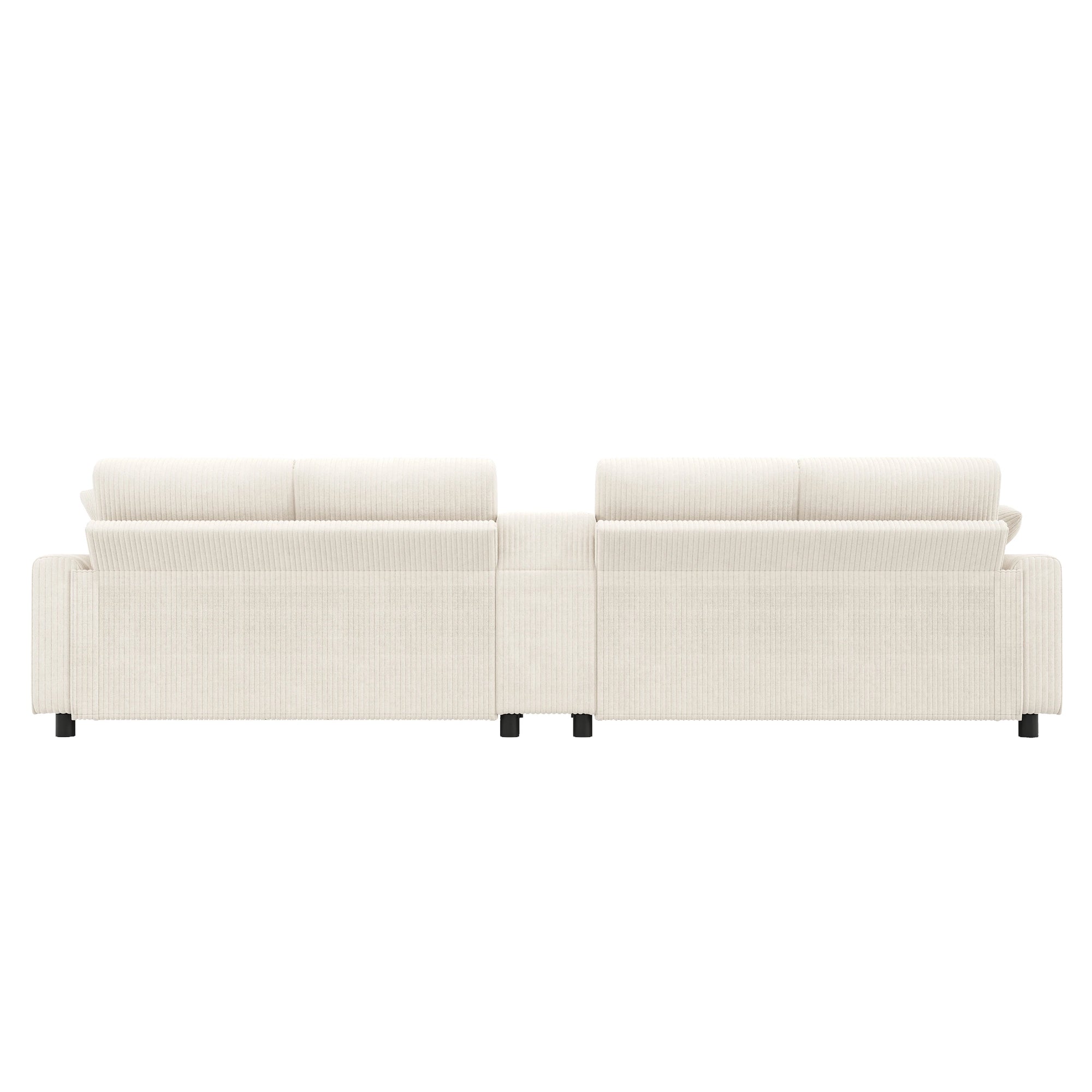 Canapé en velours côtelé, comprenant 2 repose-pieds avec rangement, table basse, 2 porte-gobelets, 1 port USB, 2 prises de courant