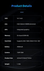 BYONE 14 pouces Intel Celeron N4000