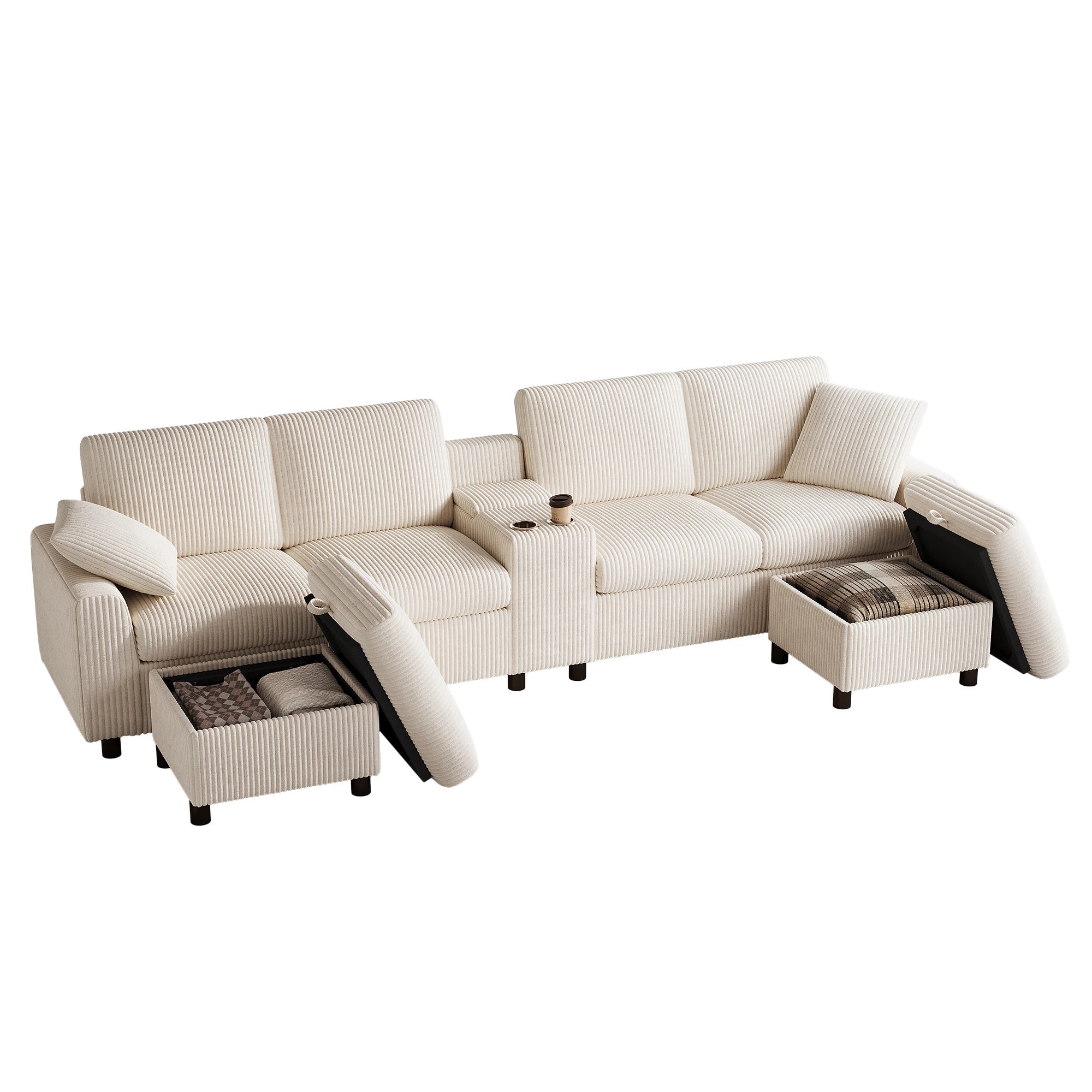 Canapé en velours côtelé, comprenant 2 repose-pieds avec rangement, table basse, 2 porte-gobelets, 1 port USB, 2 prises de courant