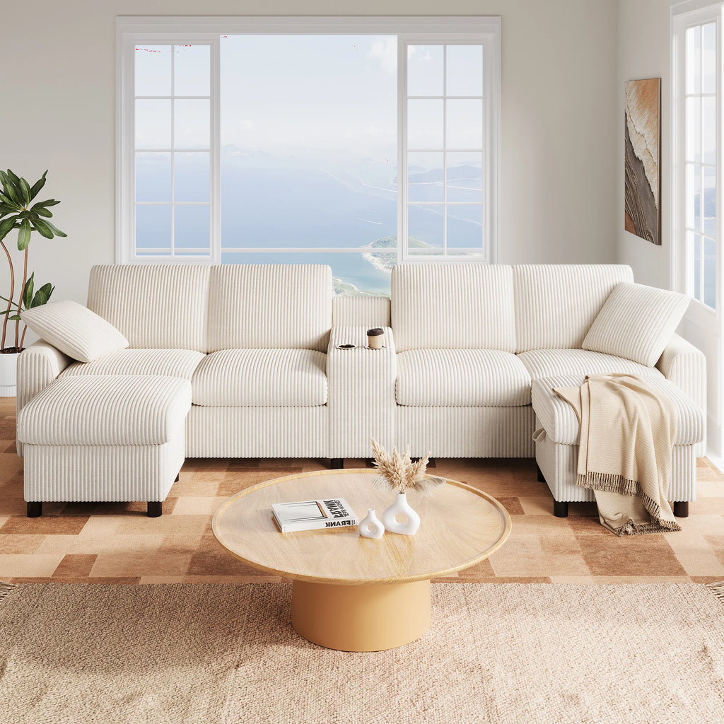 Canapé en velours côtelé, comprenant 2 repose-pieds avec rangement, table basse, 2 porte-gobelets, 1 port USB, 2 prises de courant