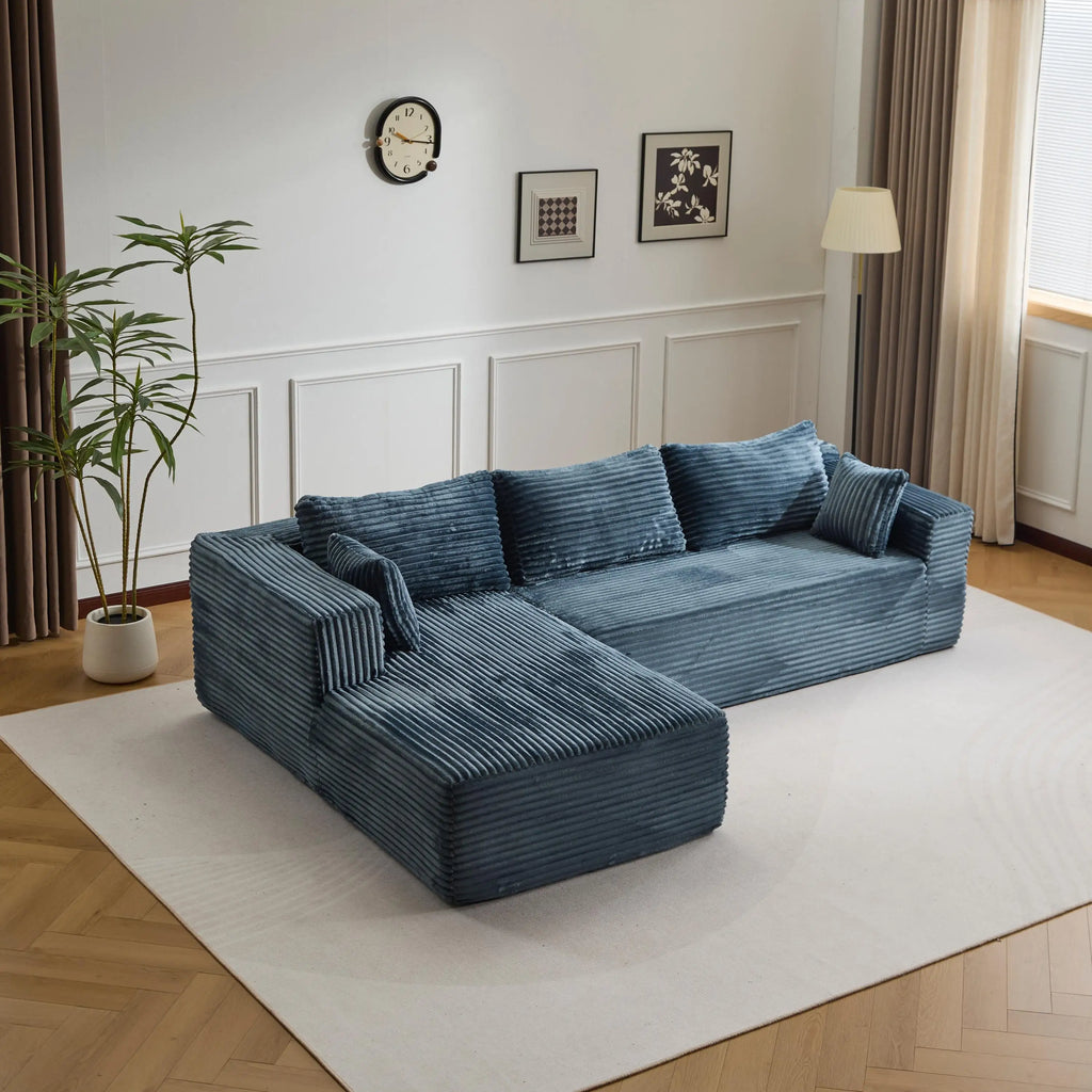 Canapé 3 places en velours côtelé en forme de L avec oreillers, aucun assemblage requis, canapé compressé, canapé d'angle moderne pour salon, chambre à coucher
