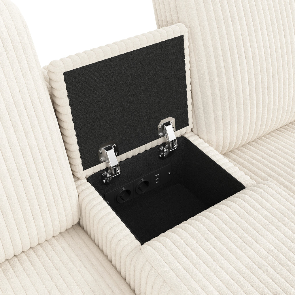 Canapé en velours côtelé, comprenant 2 repose-pieds avec rangement, table basse, 2 porte-gobelets, 1 port USB, 2 prises de courant