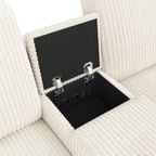 Canapé en velours côtelé, comprenant 2 repose-pieds avec rangement, table basse, 2 porte-gobelets, 1 port USB, 2 prises de courant