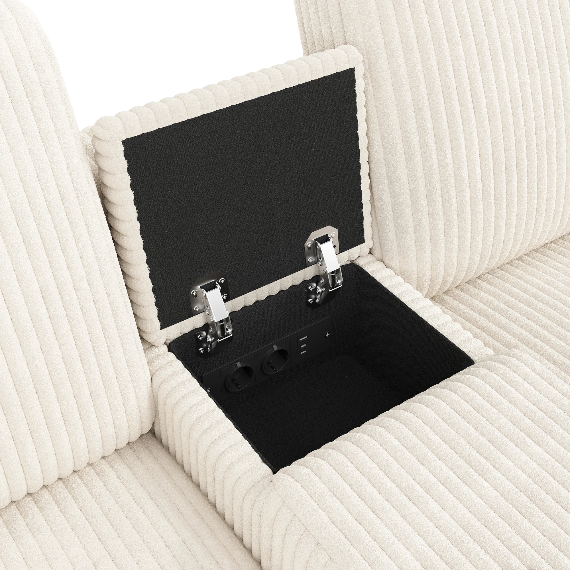 Canapé en velours côtelé, comprenant 2 repose-pieds avec rangement, table basse, 2 porte-gobelets, 1 port USB, 2 prises de courant