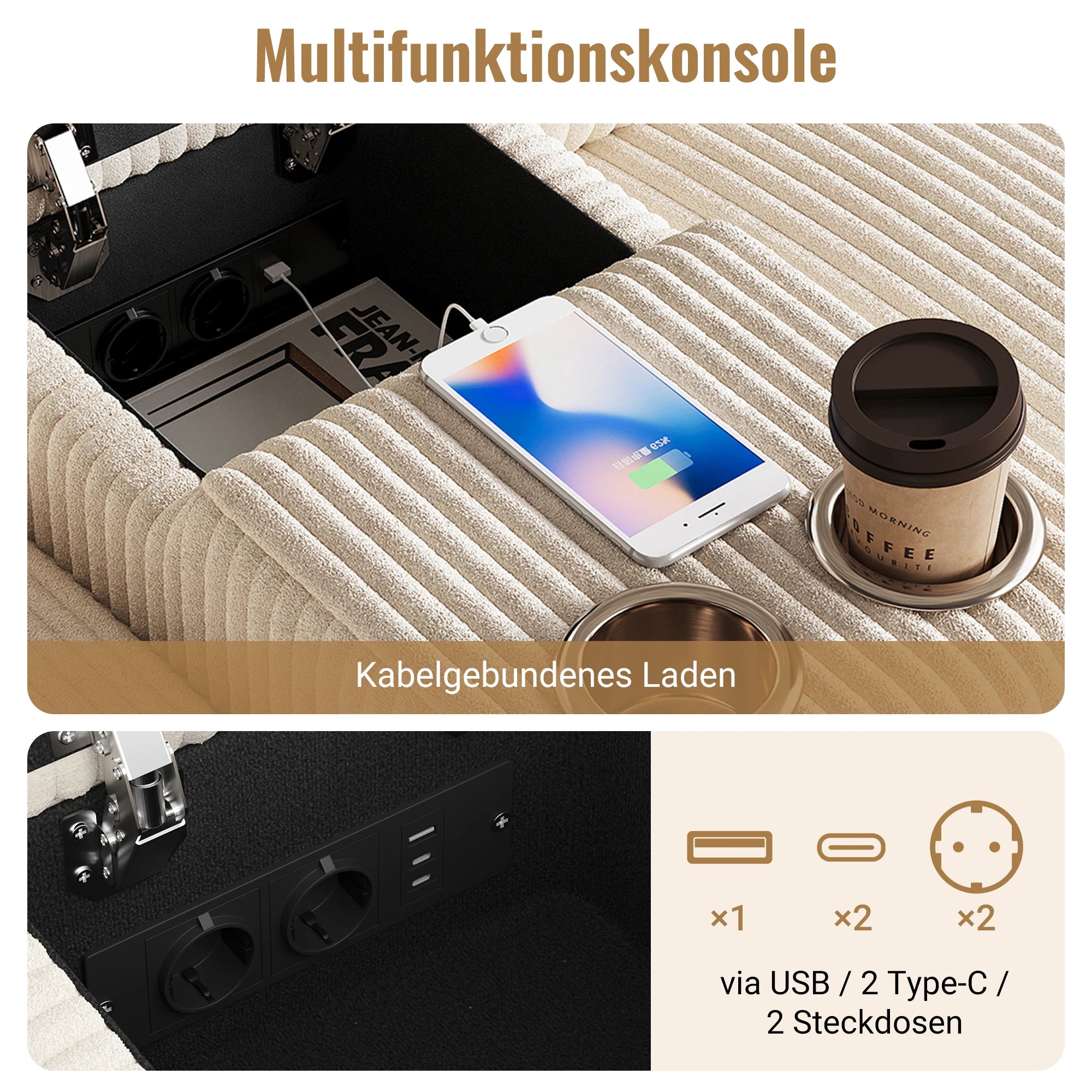 Canapé en velours côtelé, comprenant 2 repose-pieds avec rangement, table basse, 2 porte-gobelets, 1 port USB, 2 prises de courant