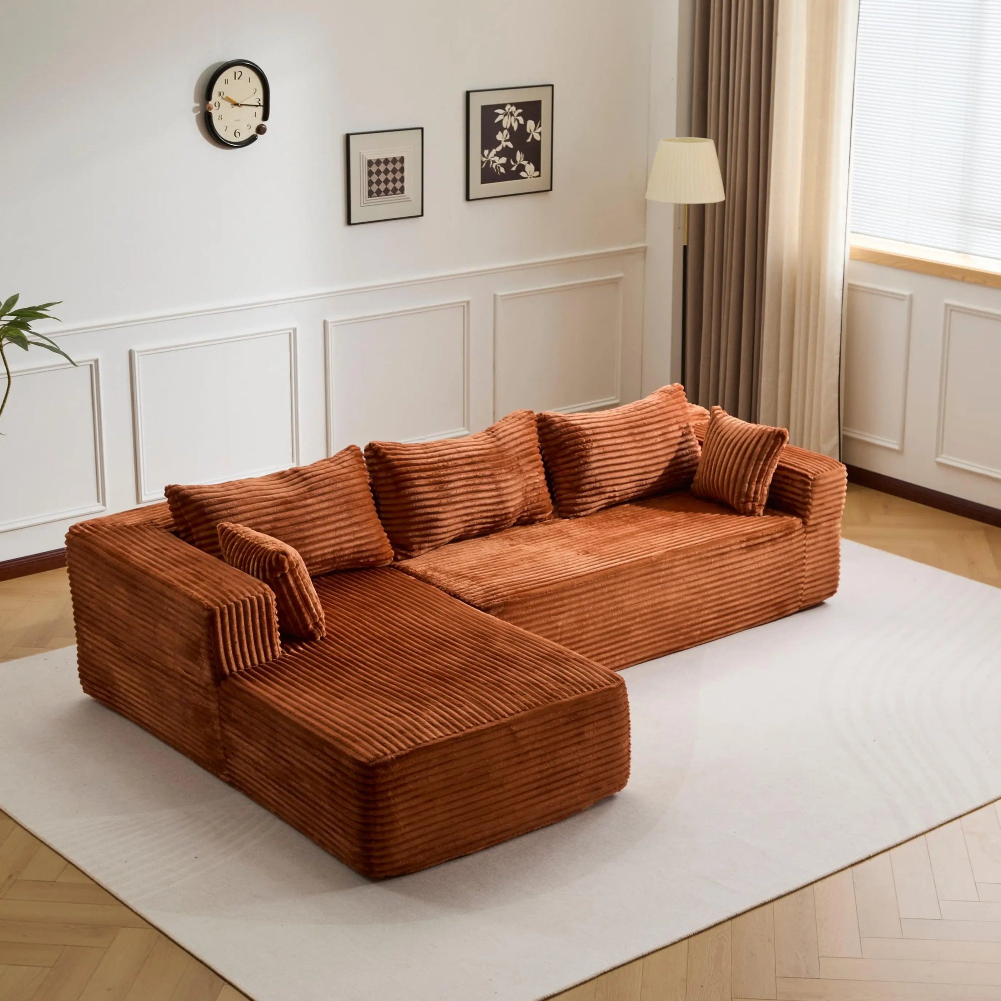 Canapé 3 places en velours côtelé en forme de L avec oreillers, aucun assemblage requis, canapé compressé, canapé d'angle moderne pour salon, chambre à coucher