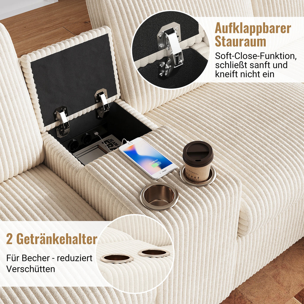 Canapé en velours côtelé, comprenant 2 repose-pieds avec rangement, table basse, 2 porte-gobelets, 1 port USB, 2 prises de courant