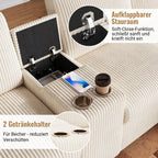 Canapé en velours côtelé, comprenant 2 repose-pieds avec rangement, table basse, 2 porte-gobelets, 1 port USB, 2 prises de courant