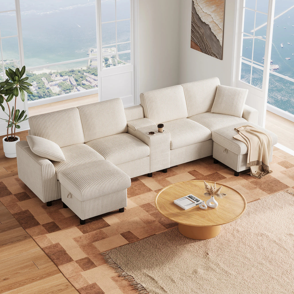 Canapé en velours côtelé, comprenant 2 repose-pieds avec rangement, table basse, 2 porte-gobelets, 1 port USB, 2 prises de courant