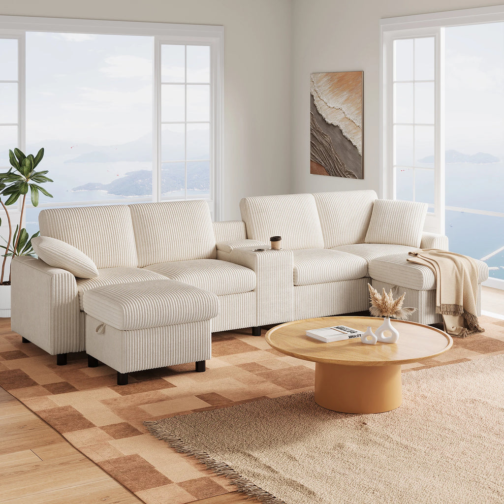 Canapé en velours côtelé, comprenant 2 repose-pieds avec rangement, table basse, 2 porte-gobelets, 1 port USB, 2 prises de courant