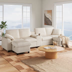 Canapé en velours côtelé, comprenant 2 repose-pieds avec rangement, table basse, 2 porte-gobelets, 1 port USB, 2 prises de courant