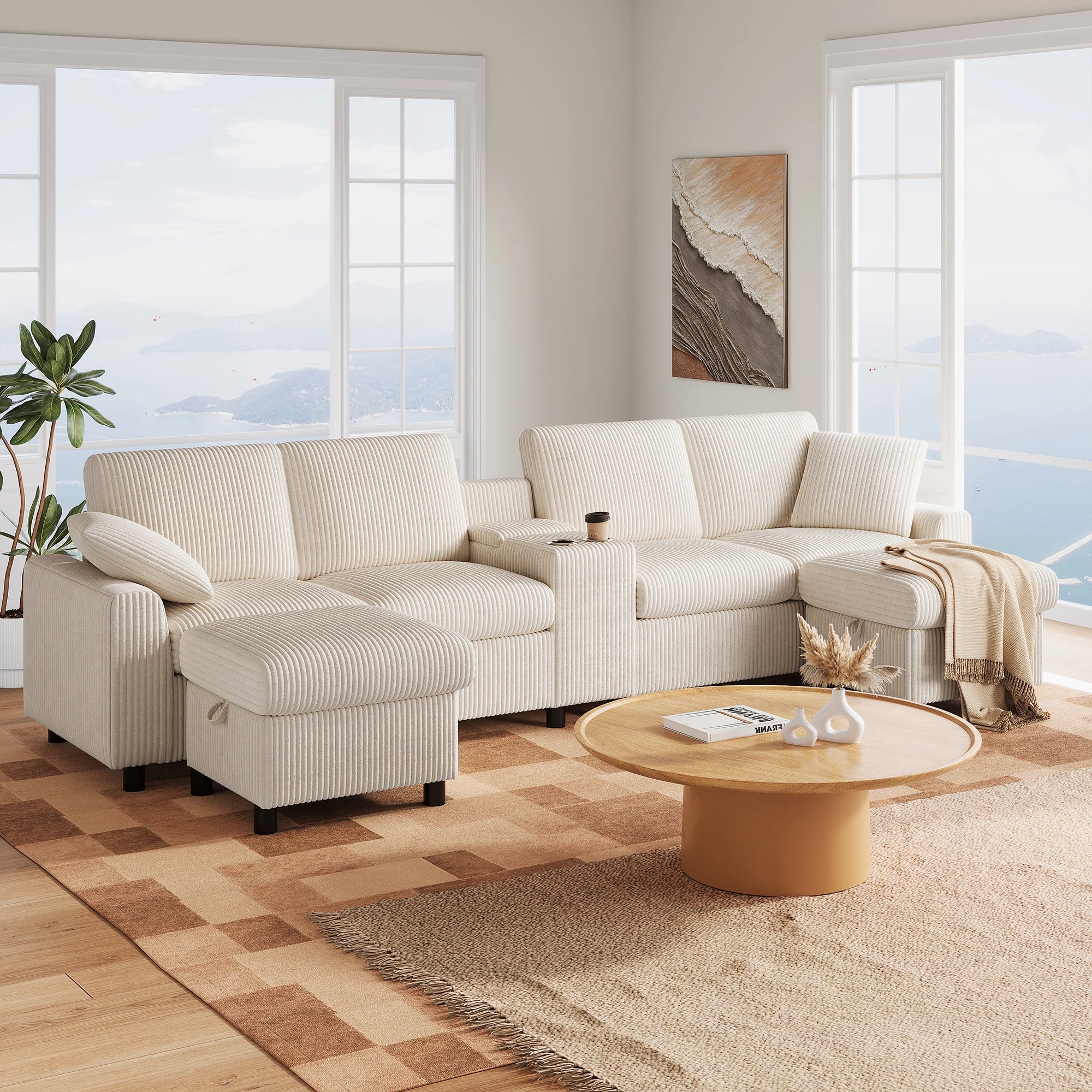 Canapé en velours côtelé, comprenant 2 repose-pieds avec rangement, table basse, 2 porte-gobelets, 1 port USB, 2 prises de courant