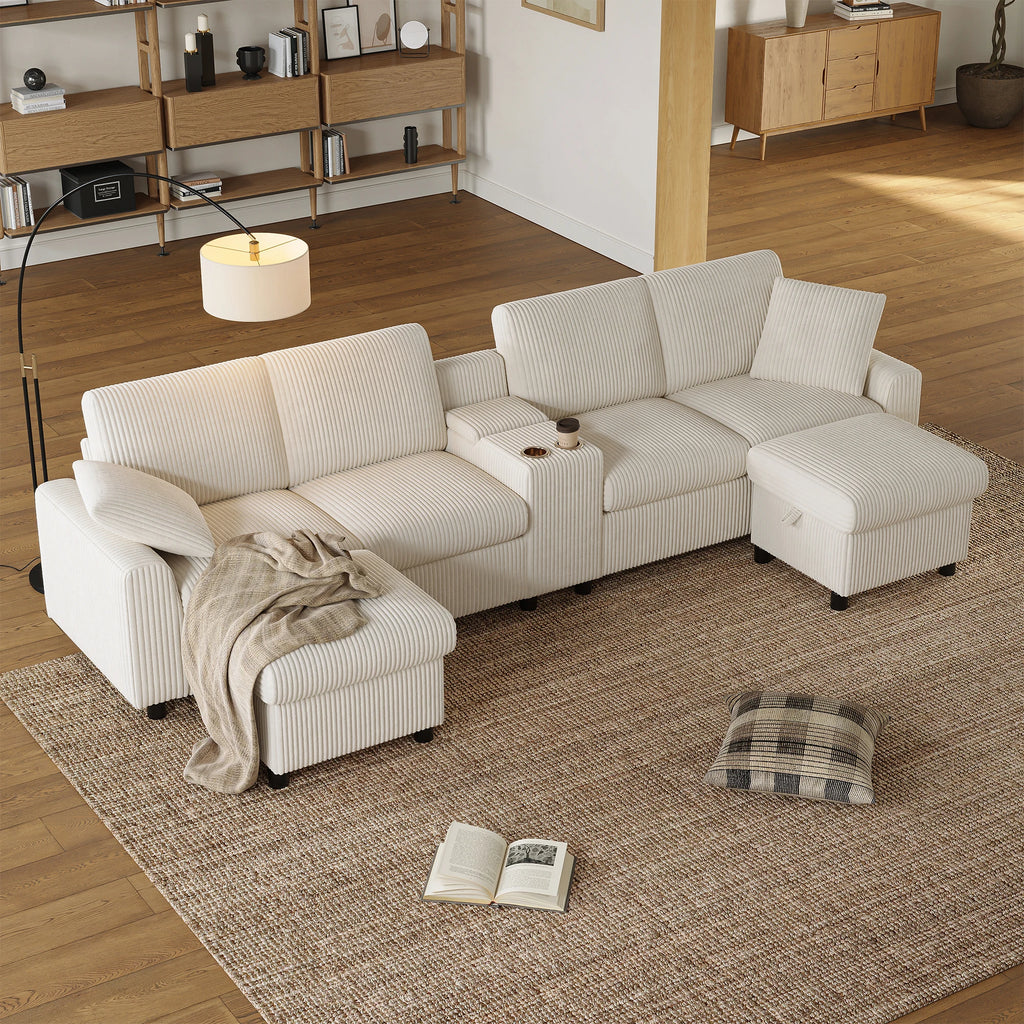 Canapé en velours côtelé, comprenant 2 repose-pieds avec rangement, table basse, 2 porte-gobelets, 1 port USB, 2 prises de courant