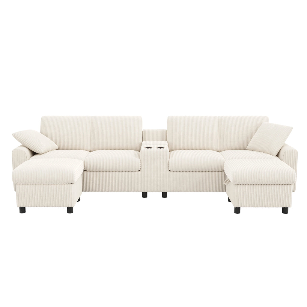 Canapé en velours côtelé, comprenant 2 repose-pieds avec rangement, table basse, 2 porte-gobelets, 1 port USB, 2 prises de courant