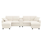 Canapé en velours côtelé, comprenant 2 repose-pieds avec rangement, table basse, 2 porte-gobelets, 1 port USB, 2 prises de courant