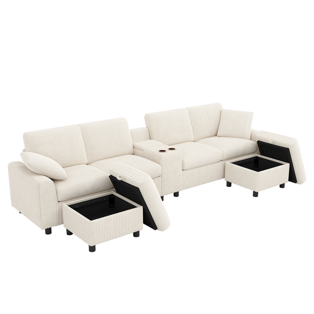 Canapé en velours côtelé, comprenant 2 repose-pieds avec rangement, table basse, 2 porte-gobelets, 1 port USB, 2 prises de courant