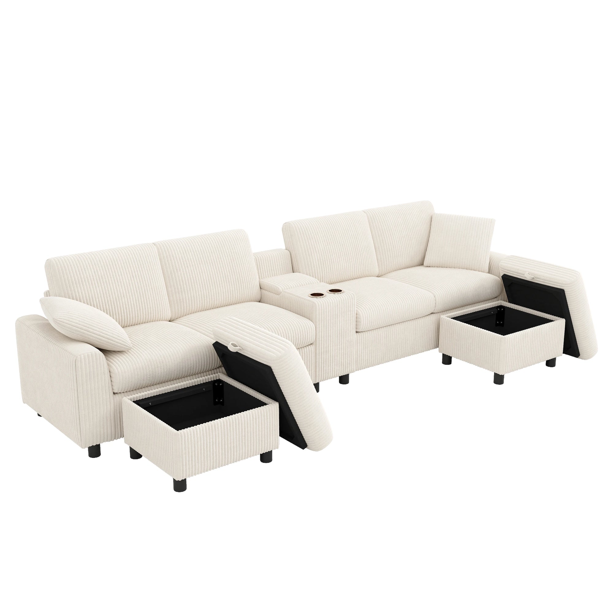 Canapé en velours côtelé, comprenant 2 repose-pieds avec rangement, table basse, 2 porte-gobelets, 1 port USB, 2 prises de courant