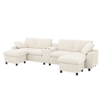 Canapé en velours côtelé, comprenant 2 repose-pieds avec rangement, table basse, 2 porte-gobelets, 1 port USB, 2 prises de courant