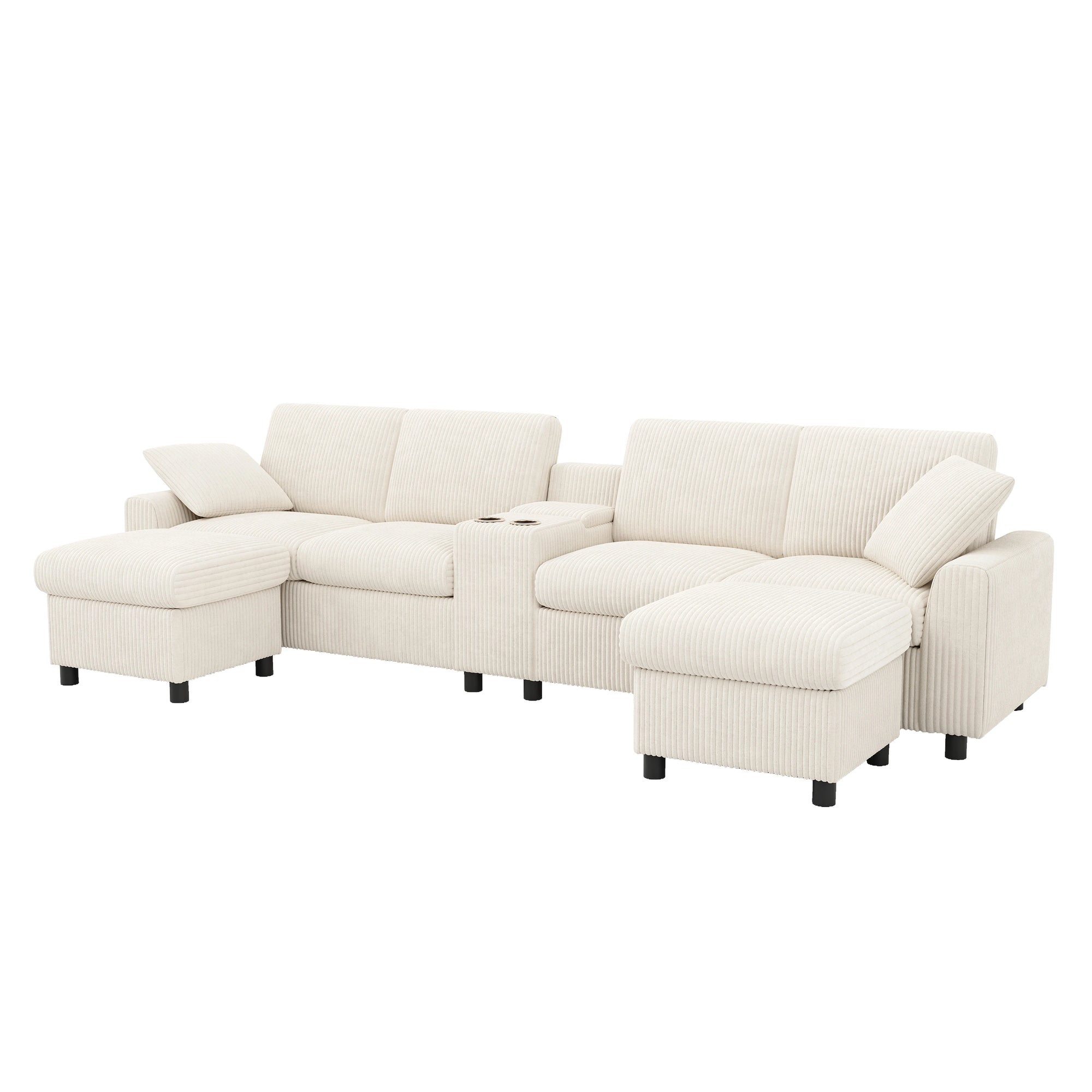 Canapé en velours côtelé, comprenant 2 repose-pieds avec rangement, table basse, 2 porte-gobelets, 1 port USB, 2 prises de courant