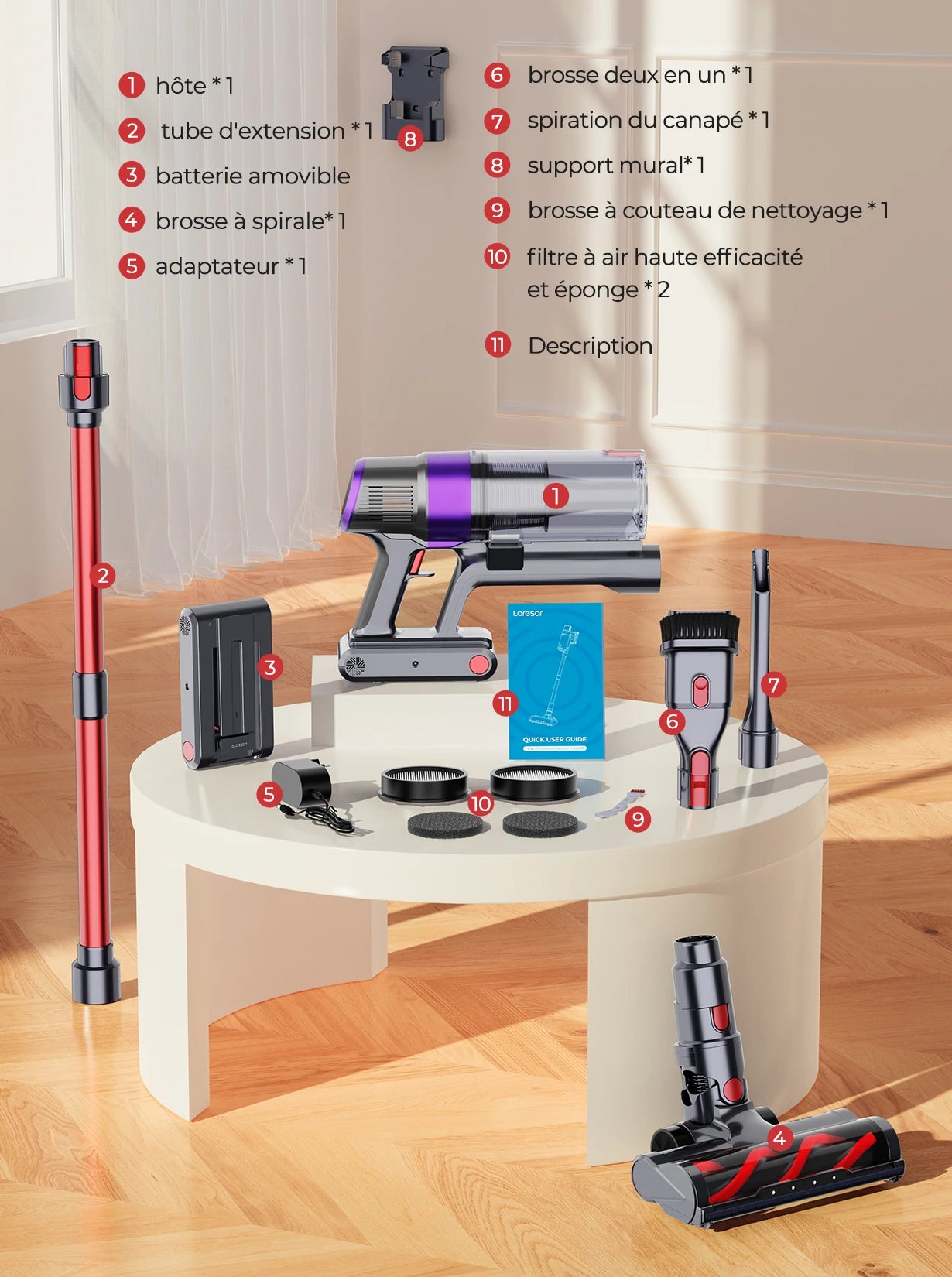 Laresar Aspirateur Balai sans Fil, 55KPa/500W