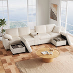 Canapé en velours côtelé, comprenant 2 repose-pieds avec rangement, table basse, 2 porte-gobelets, 1 port USB, 2 prises de courant