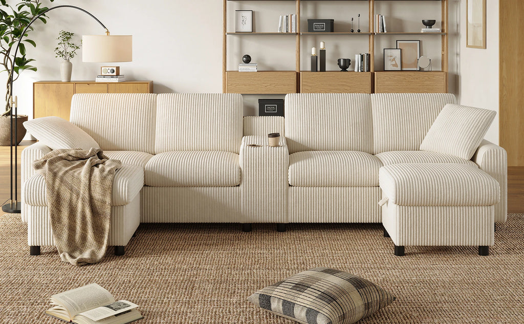 Canapé en velours côtelé, comprenant 2 repose-pieds avec rangement, table basse, 2 porte-gobelets, 1 port USB, 2 prises de courant