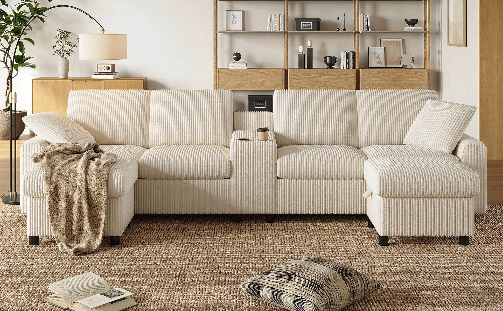 Canapé en velours côtelé, comprenant 2 repose-pieds avec rangement, table basse, 2 porte-gobelets, 1 port USB, 2 prises de courant