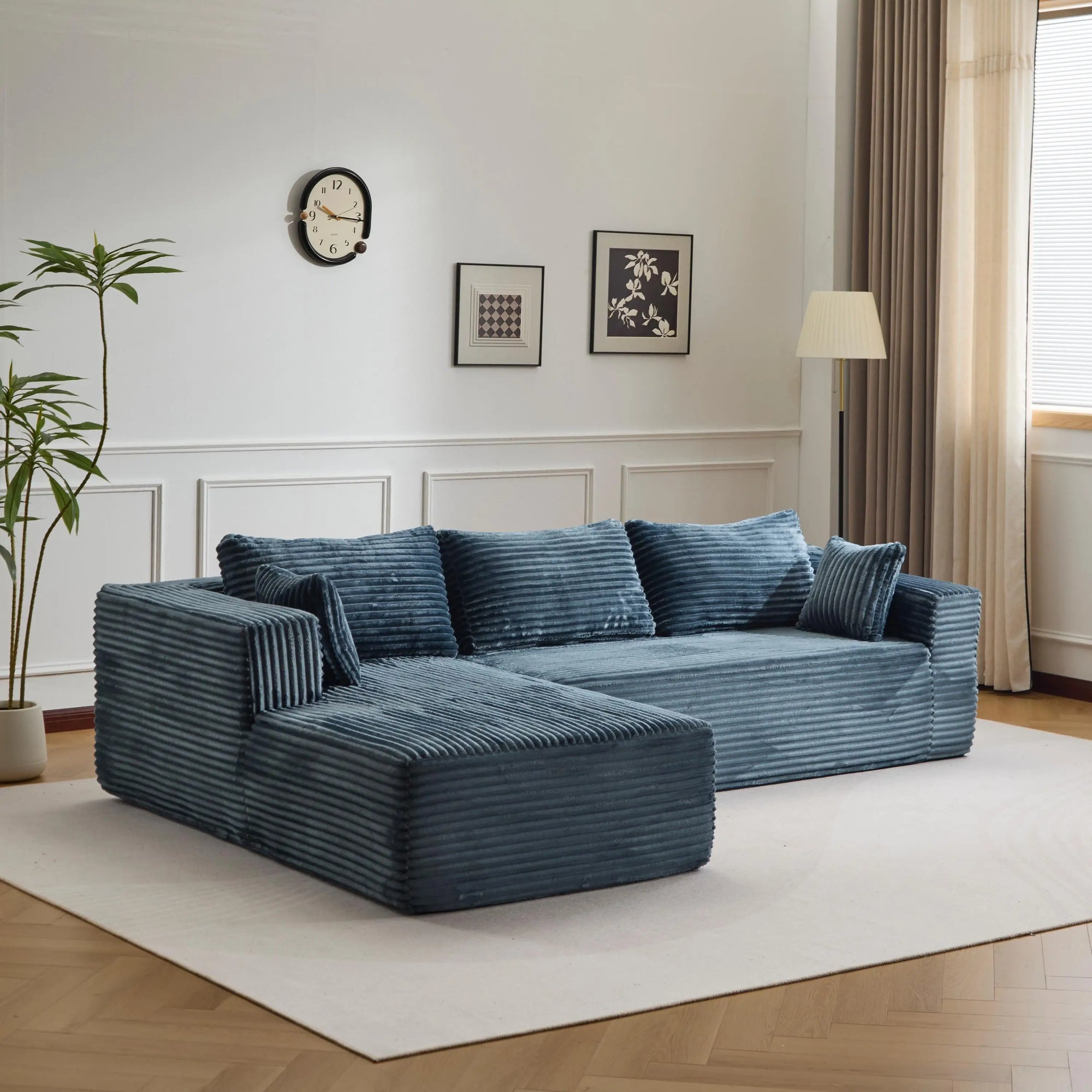 Canapé 3 places en velours côtelé en forme de L avec oreillers, aucun assemblage requis, canapé compressé, canapé d'angle moderne pour salon, chambre à coucher