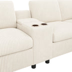 Canapé en velours côtelé, comprenant 2 repose-pieds avec rangement, table basse, 2 porte-gobelets, 1 port USB, 2 prises de courant