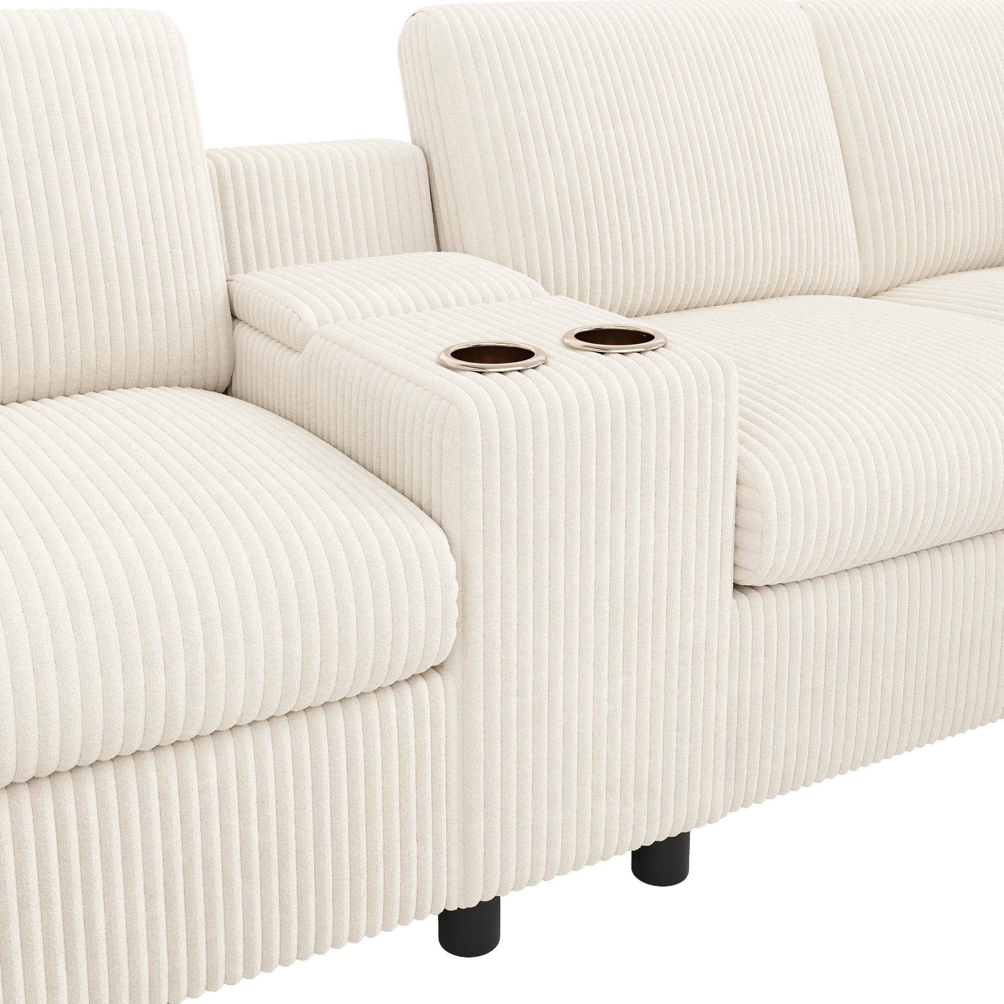 Canapé en velours côtelé, comprenant 2 repose-pieds avec rangement, table basse, 2 porte-gobelets, 1 port USB, 2 prises de courant