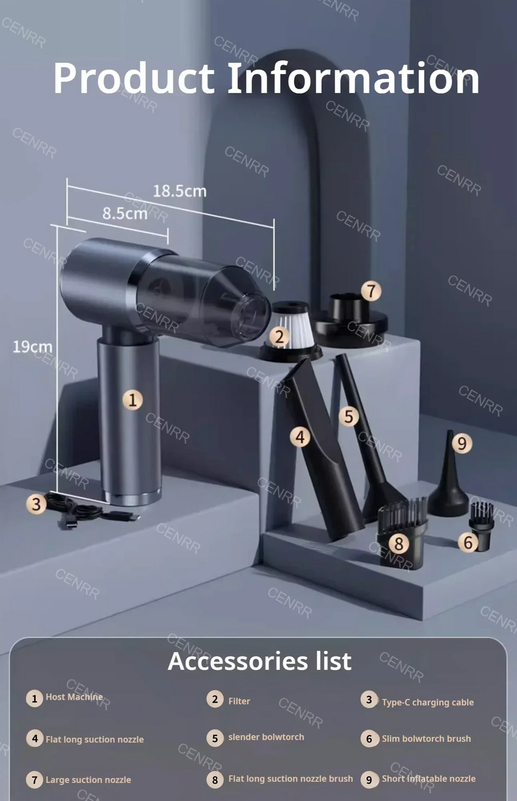 Aspirateur de Voiture Sans Fil Multifonction CENRR