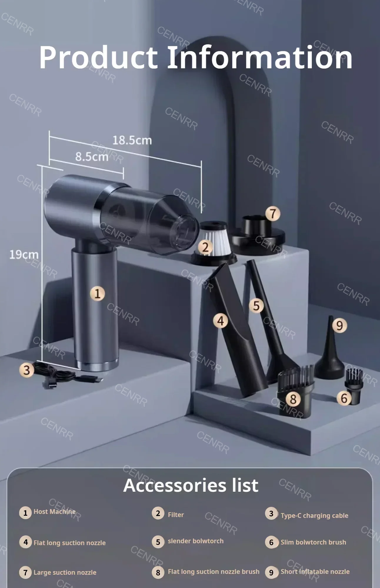 Aspirateur de Voiture Sans Fil Multifonction CENRR