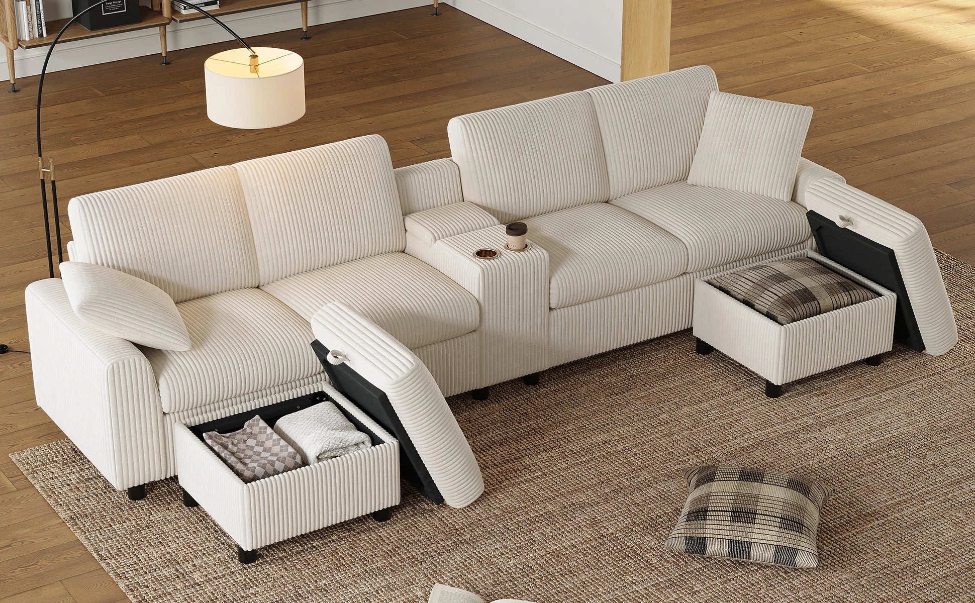 Canapé en velours côtelé, comprenant 2 repose-pieds avec rangement, table basse, 2 porte-gobelets, 1 port USB, 2 prises de courant