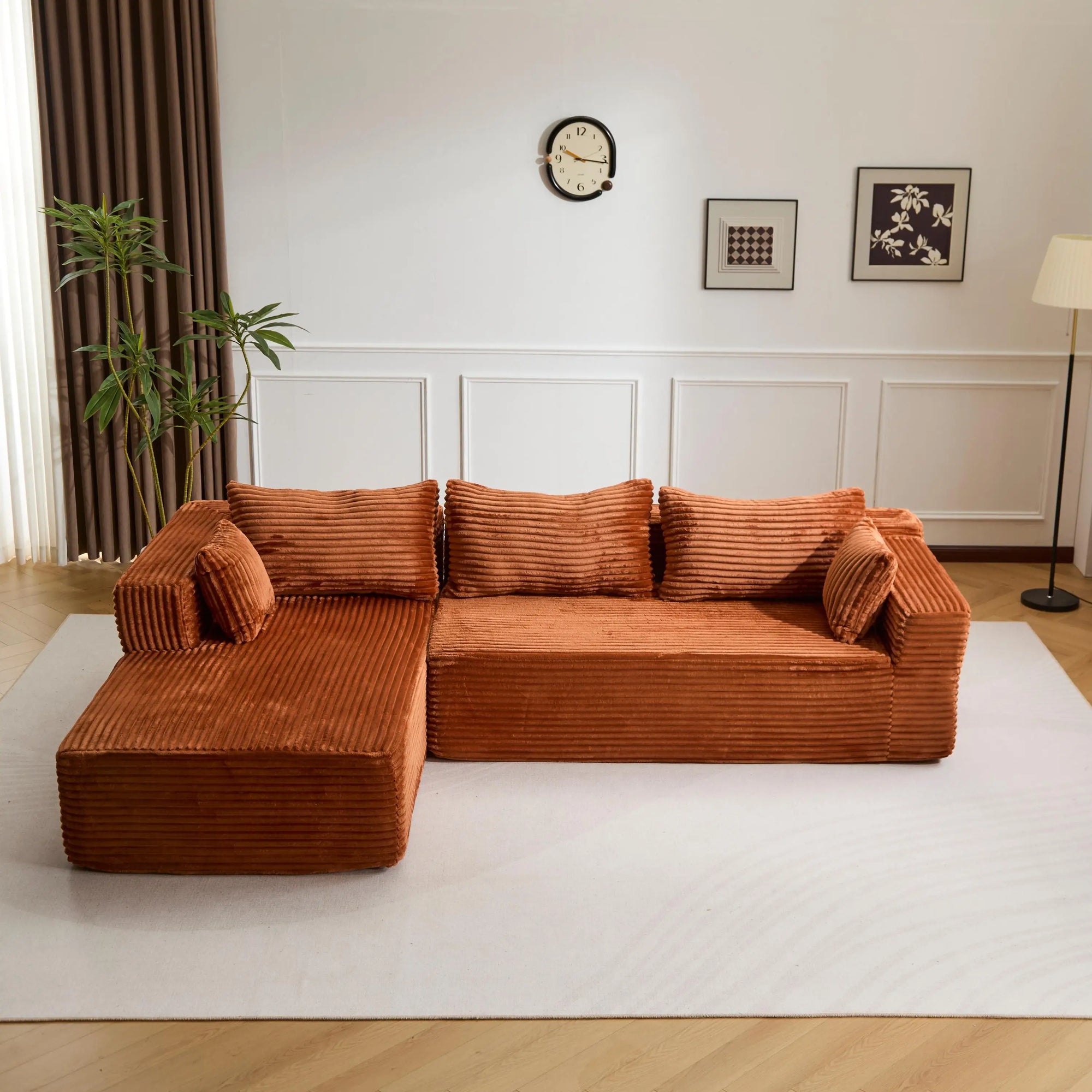 Canapé 3 places en velours côtelé en forme de L avec oreillers, aucun assemblage requis, canapé compressé, canapé d'angle moderne pour salon, chambre à coucher