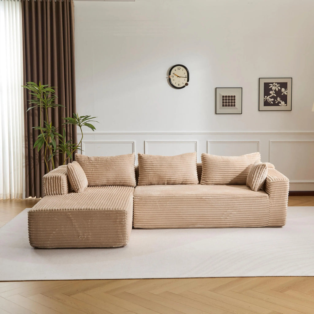 Canapé 3 places en velours côtelé en forme de L avec oreillers, aucun assemblage requis, canapé compressé, canapé d'angle moderne pour salon, chambre à coucher