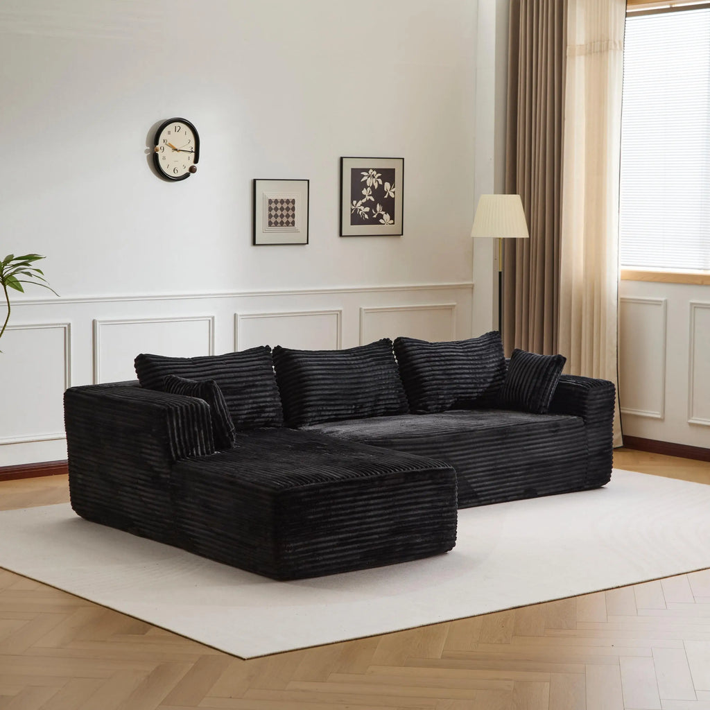 Canapé 3 places en velours côtelé en forme de L avec oreillers, aucun assemblage requis, canapé compressé, canapé d'angle moderne pour salon, chambre à coucher