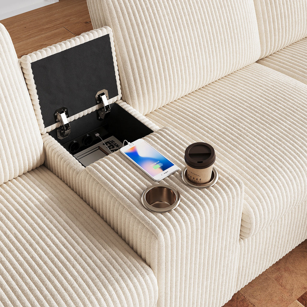 Canapé en velours côtelé, comprenant 2 repose-pieds avec rangement, table basse, 2 porte-gobelets, 1 port USB, 2 prises de courant