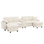 Canapé en velours côtelé, comprenant 2 repose-pieds avec rangement, table basse, 2 porte-gobelets, 1 port USB, 2 prises de courant